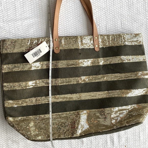 Muche Et Muchette Stylish Gold and Tan Burlap Tote Bag Waxed Bottom - Picture 6 of 12